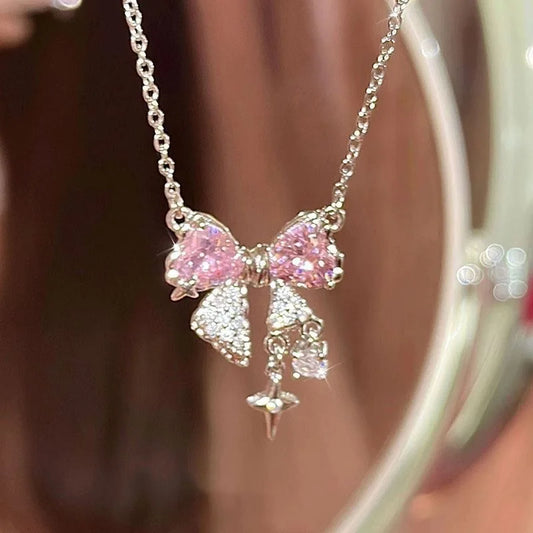 Silver and Pink Bow Necklace